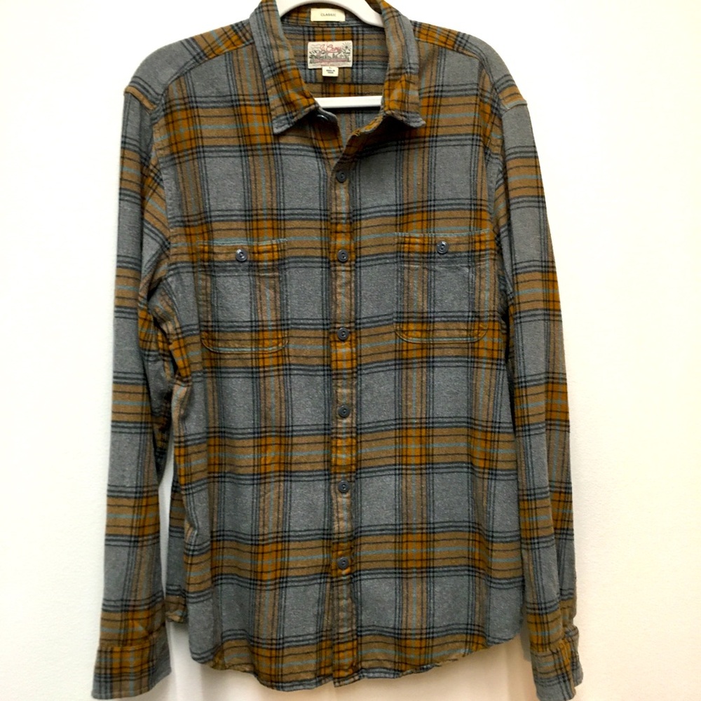 J Crew Mid Weight Plaid Flannel Large Double Brushed Gray Casual Outdoors
